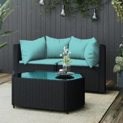 Salon de jardin 3 pcs avec coussins Noir R&eacute;sine tress&eacute;e