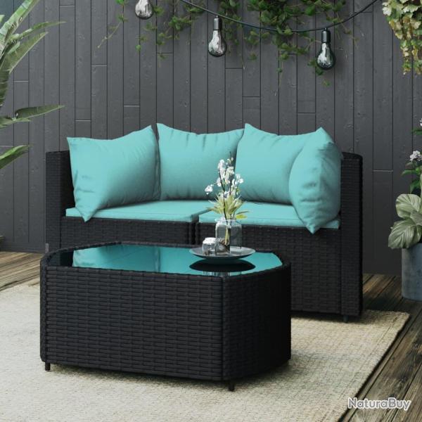 Salon de jardin 3 pcs avec coussins Noir R�sine tress�e