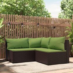 Salon de jardin 3 pcs avec coussins marron r&eacute;sine tress&eacute;e