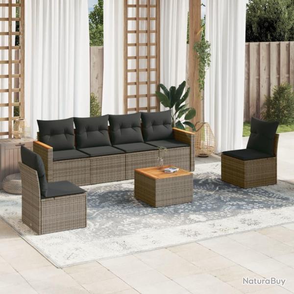 Salon de jardin avec coussins 7 pcs gris r�sine tress�e