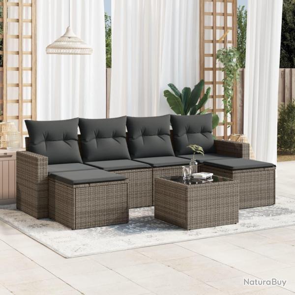 Salon de jardin avec coussins 7 pcs gris r�sine tress�e