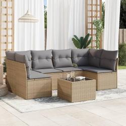 Salon de jardin avec coussins 7 pcs beige r&eacute;sine tress&eacute;e