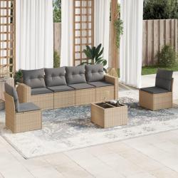 Salon de jardin avec coussins 7 pcs beige r&eacute;sine tress&eacute;e
