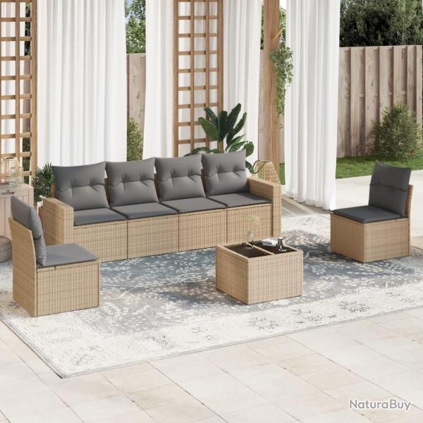 Salon de jardin avec coussins 7 pcs beige r�sine tress�e