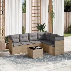 Salon de jardin avec coussins 7 pcs beige r&eacute;sine tress&eacute;e