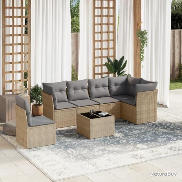 Salon de jardin avec coussins 7 pcs beige r�sine tress�e