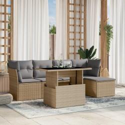 Salon de jardin avec coussins 6 pcs beige r&eacute;sine tress&eacute;e