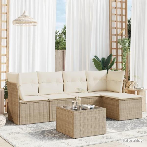 Salon de jardin avec coussins 6 pcs beige r�sine tress�e