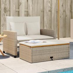 Canap&eacute; de jardin 2 places coussins beige r&eacute;sine tress&eacute;e&acacia