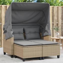 Canap&eacute; de jardin 2 places avec auvent et tabourets beige rotin