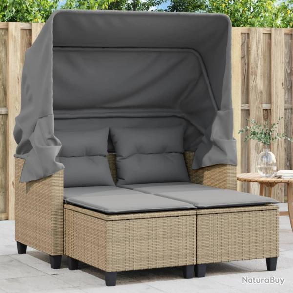 Canap� de jardin 2 places avec auvent et tabourets beige rotin