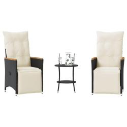 Ensemble de bistro 3 pcs avec coussins noir r&eacute;sine tress&eacute;e