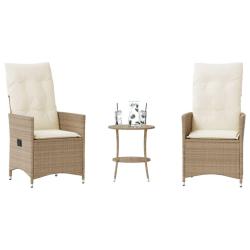 Ensemble de bistro 3 pcs avec coussins beige r&eacute;sine tress&eacute;e