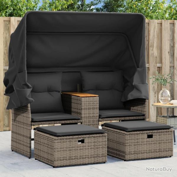 Canap� de jardin 2 places avec auvent et tabourets gris rotin