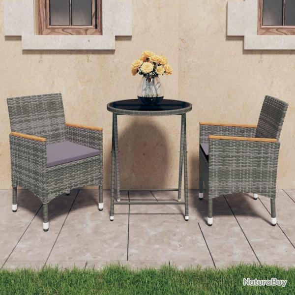 Ensemble de bistro 3 pcs R�sine tress�e et verre tremp� Gris