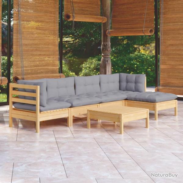 Salon de jardin 6 pcs avec coussins gris bois de pin