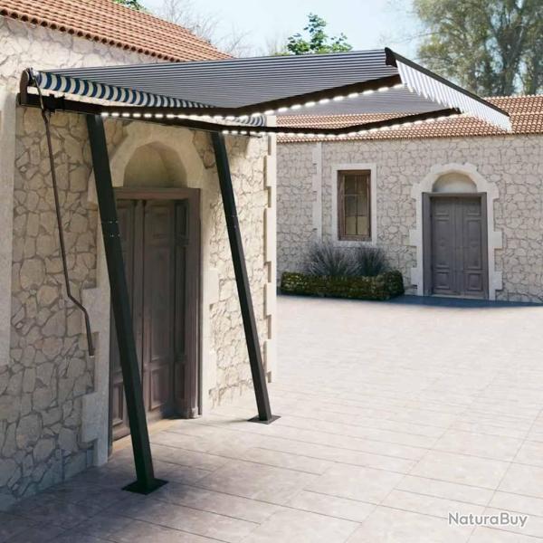Auvent manuel r�tractable avec LED 3x2,5 m Bleu et blanc