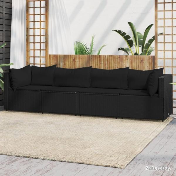 Salon de jardin 4 pcs avec coussins Noir R�sine tress�e
