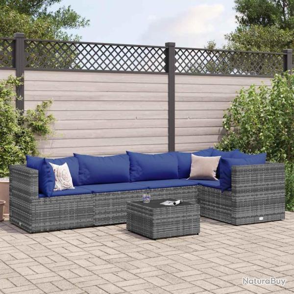 Salon de jardin 6 pcs avec coussins Gris R�sine tress�e