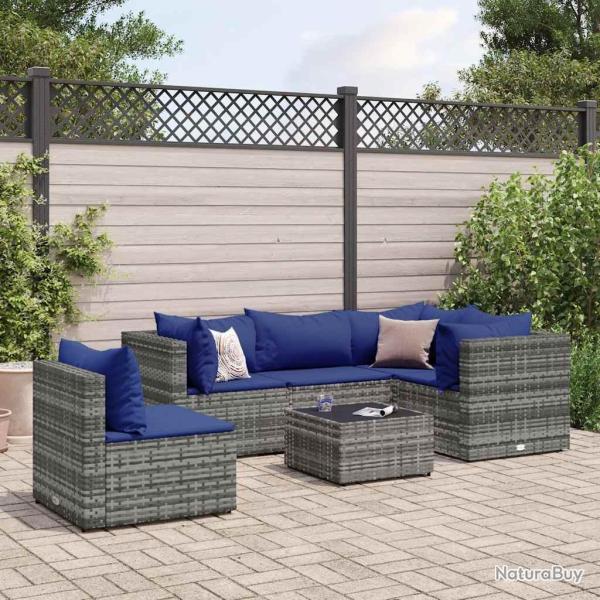 Salon de jardin 6 pcs avec coussins Gris R�sine tress�e