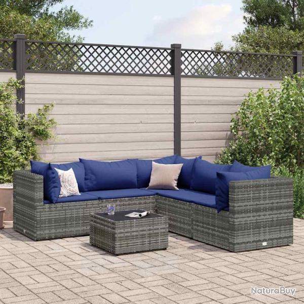 Salon de jardin 6 pcs avec coussins Gris R�sine tress�e