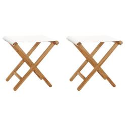 Chaises pliables lot de 2 Bois teck solide et tissu Blanc cr&egrave;me