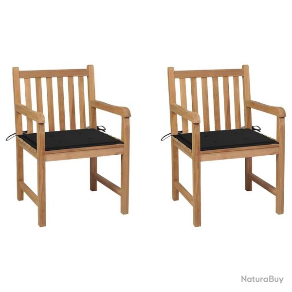 Chaises de jardin lot de 2 et coussins noir Bois de teck massif