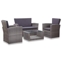 Salon de jardin 4 pcs avec coussins r&eacute;sine tress&eacute;e gris