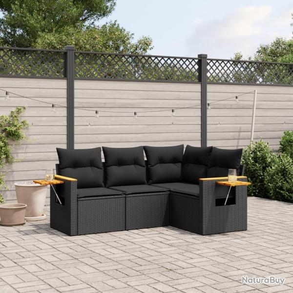 Salon de jardin 4 pcs avec coussins noir r�sine tress�e