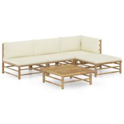 Salon de jardin 5 pcs avec coussins blanc cr&egrave;me bambou