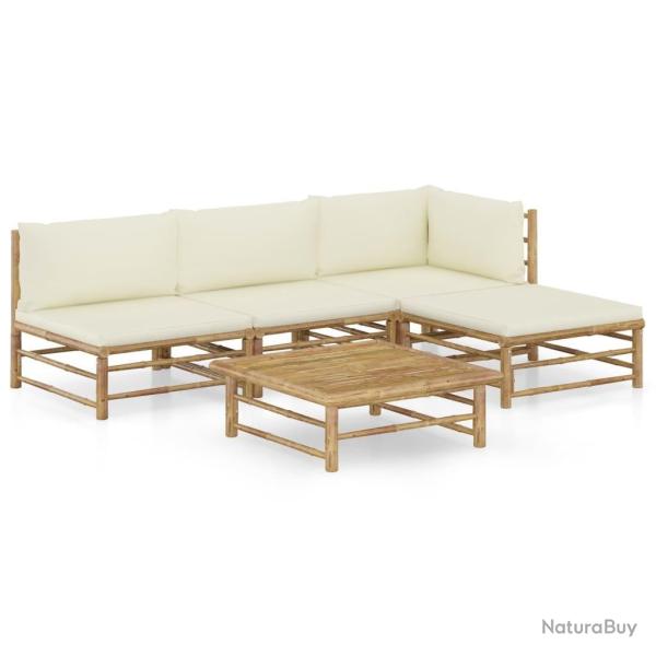 Salon de jardin 5 pcs avec coussins blanc cr�me bambou