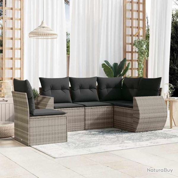 Salon de jardin 5 pcs avec coussins gris clair r�sine tress�e
