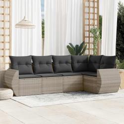 Salon de jardin 5 pcs avec coussins gris clair r&eacute;sine tress&eacute;e