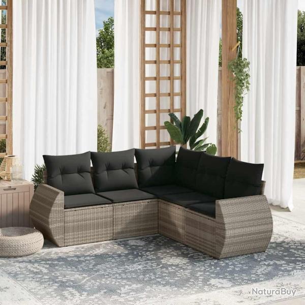 Salon de jardin 5 pcs avec coussins gris clair r�sine tress�e