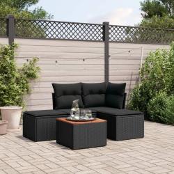 Salon de jardin 5 pcs avec coussins noir r&eacute;sine tress&eacute;e