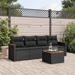 Salon de jardin 5 pcs avec coussins noir r&eacute;sine tress&eacute;e