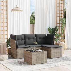 Salon de jardin 5 pcs avec coussins gris r&eacute;sine tress&eacute;e