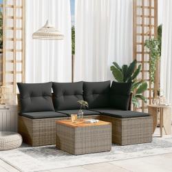 Salon de jardin 5 pcs avec coussins gris r&eacute;sine tress&eacute;e