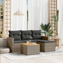 Salon de jardin 5 pcs avec coussins gris r&eacute;sine tress&eacute;e