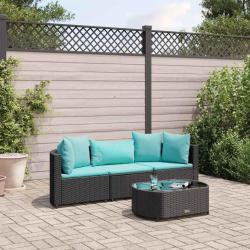Salon de jardin 4 pcs avec coussins noir r&eacute;sine tress&eacute;e