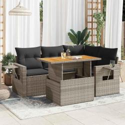 Salon de jardin 5 pcs avec coussins gris r&eacute;sine tress&eacute;e