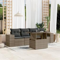 Salon de jardin 5 pcs avec coussins gris r&eacute;sine tress&eacute;e