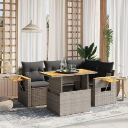 Salon de jardin 5 pcs avec coussins gris r&eacute;sine tress&eacute;e