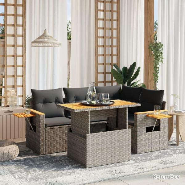 Salon de jardin 5 pcs avec coussins gris r�sine tress�e