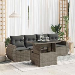 Salon de jardin 5 pcs avec coussins gris r&eacute;sine tress&eacute;e