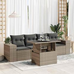Salon de jardin 5 pcs avec coussins gris r&eacute;sine tress&eacute;e