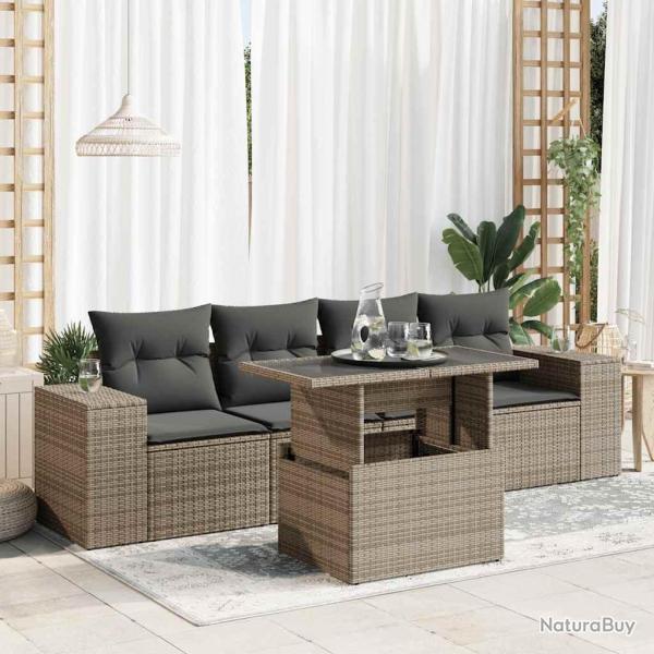 Salon de jardin 5 pcs avec coussins gris r�sine tress�e