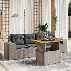 Salon de jardin 5 pcs avec coussins gris r&eacute;sine tress&eacute;e