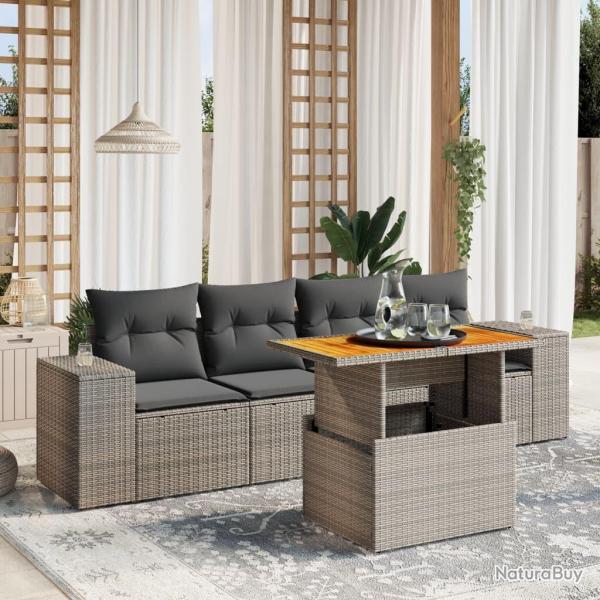 Salon de jardin 5 pcs avec coussins gris r�sine tress�e