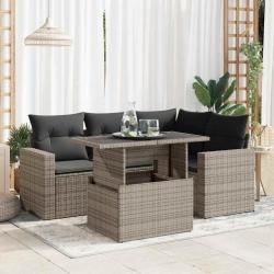 Salon de jardin 5 pcs avec coussins gris r&eacute;sine tress&eacute;e